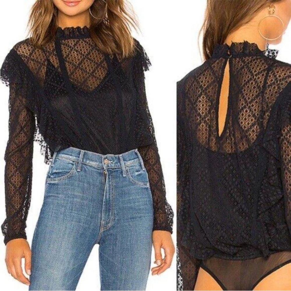 Intimately Free People Goldie Black Lace Long Sleeve Body Suit M NWT